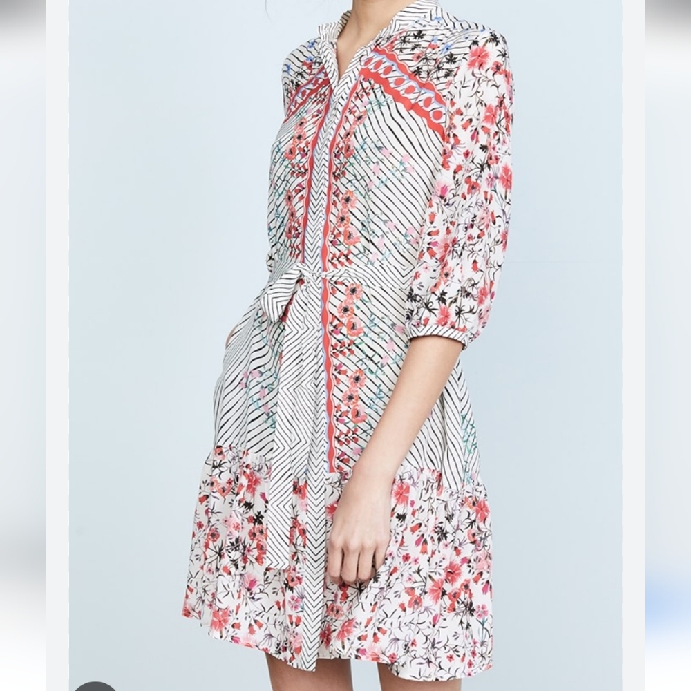 SALONI White and Coral Floral Stripe Long Sleeve Shirt Dress